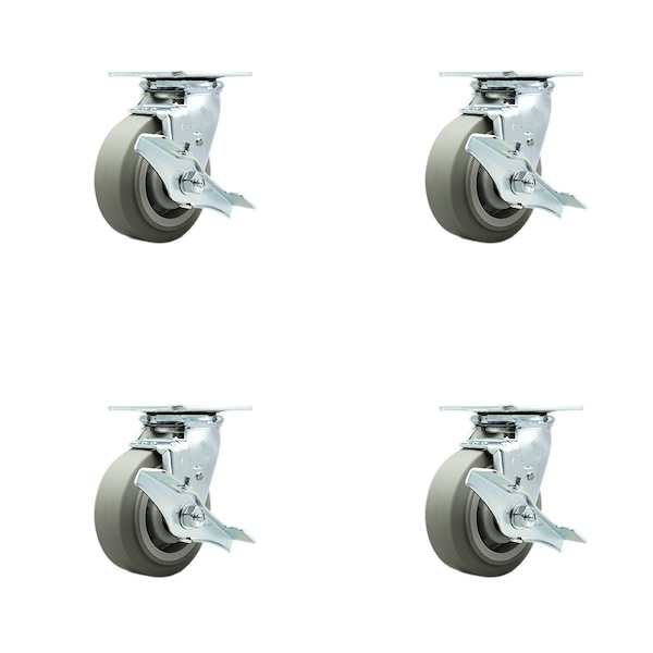 5 Inch Thermoplastic Rubber Swivel Caster Set with Ball Bearings and Brakes SCC